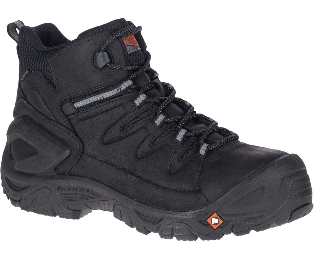 Merrell Work Boots Black - Strongfield Leather 6\" Waterproof Comp Toe Wide Width - Mens 53LIBYUCF